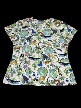 Cherokee Scrub Top Large Animal Earth Day Save the Planet Elephant Panda Fox
